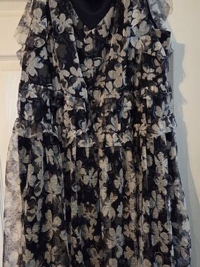 Lane Bryant Navy and White Floral V-Neck Ruffle Dress
